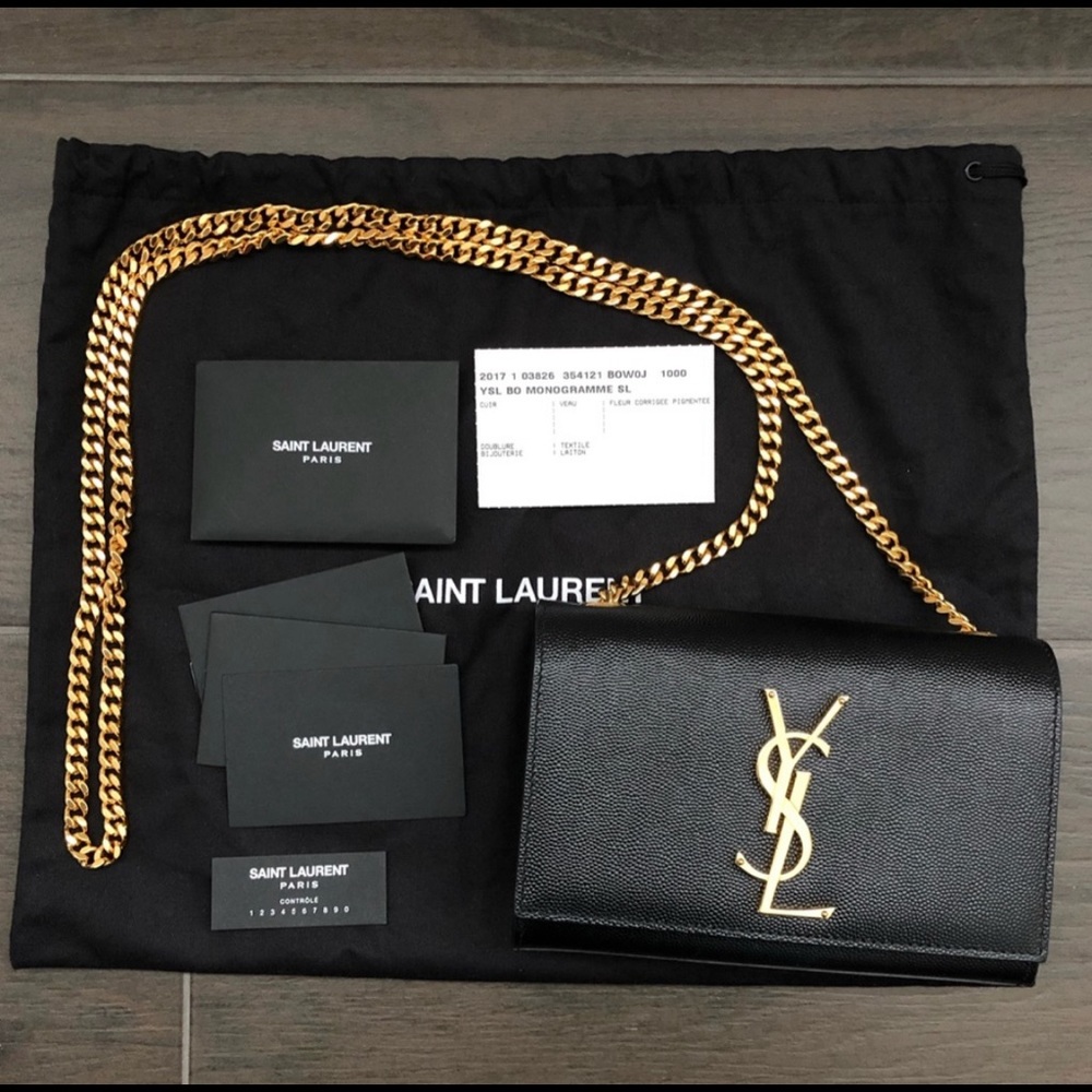 SAINT LAURENT Kate Small YSL Black Crossbody Bag on Gold Chain
